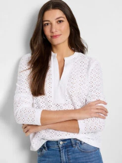 Knit Eyelet Split Neck Top